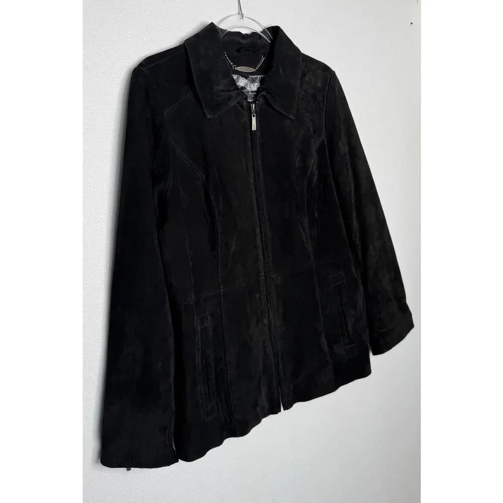 2000s Dennis Basso Washable Black Suede Leather Jacket zippered Cuffs Medium